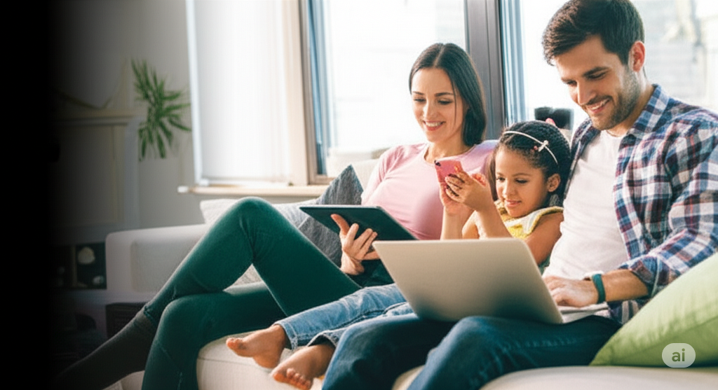 Familia feliz disfrutando del internet de fibra óptica en su hogar
