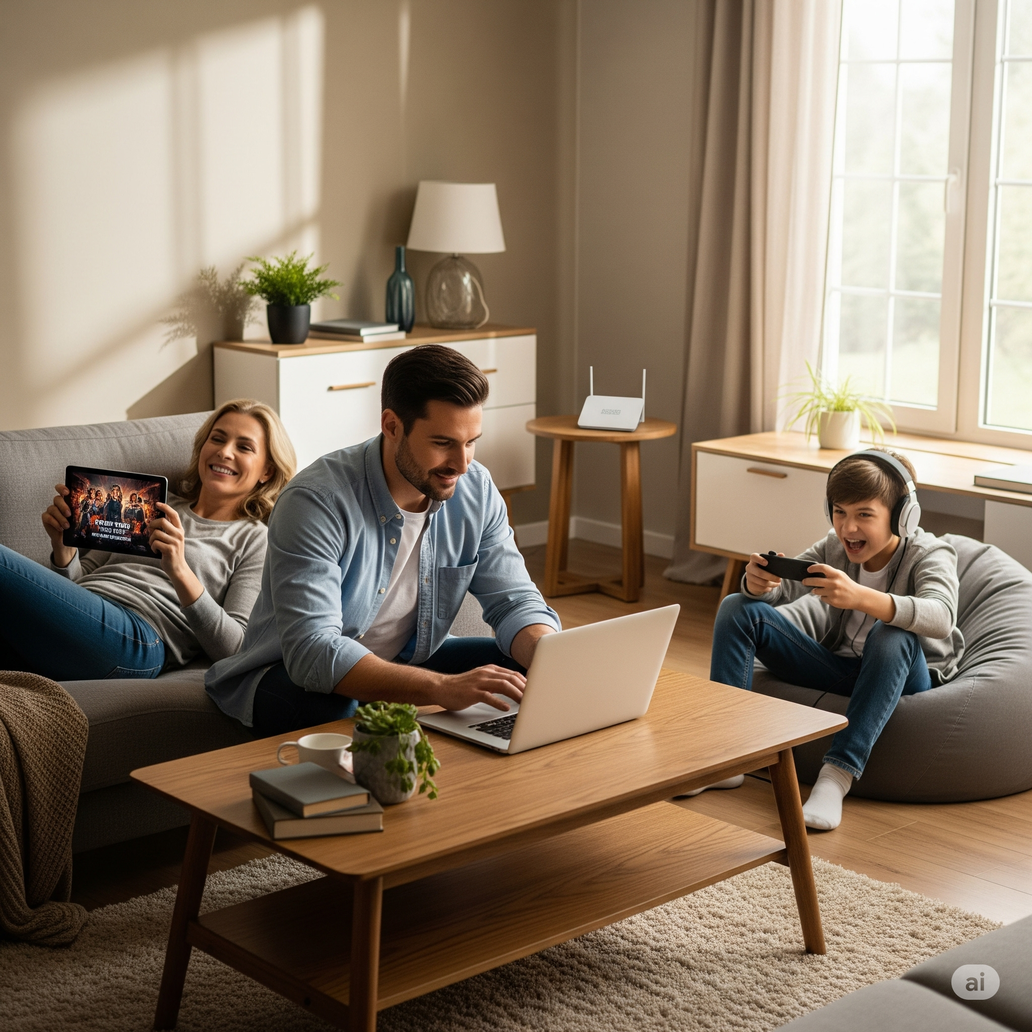 Familia feliz disfrutando de la conexión de Fibra Óptica en su hogar