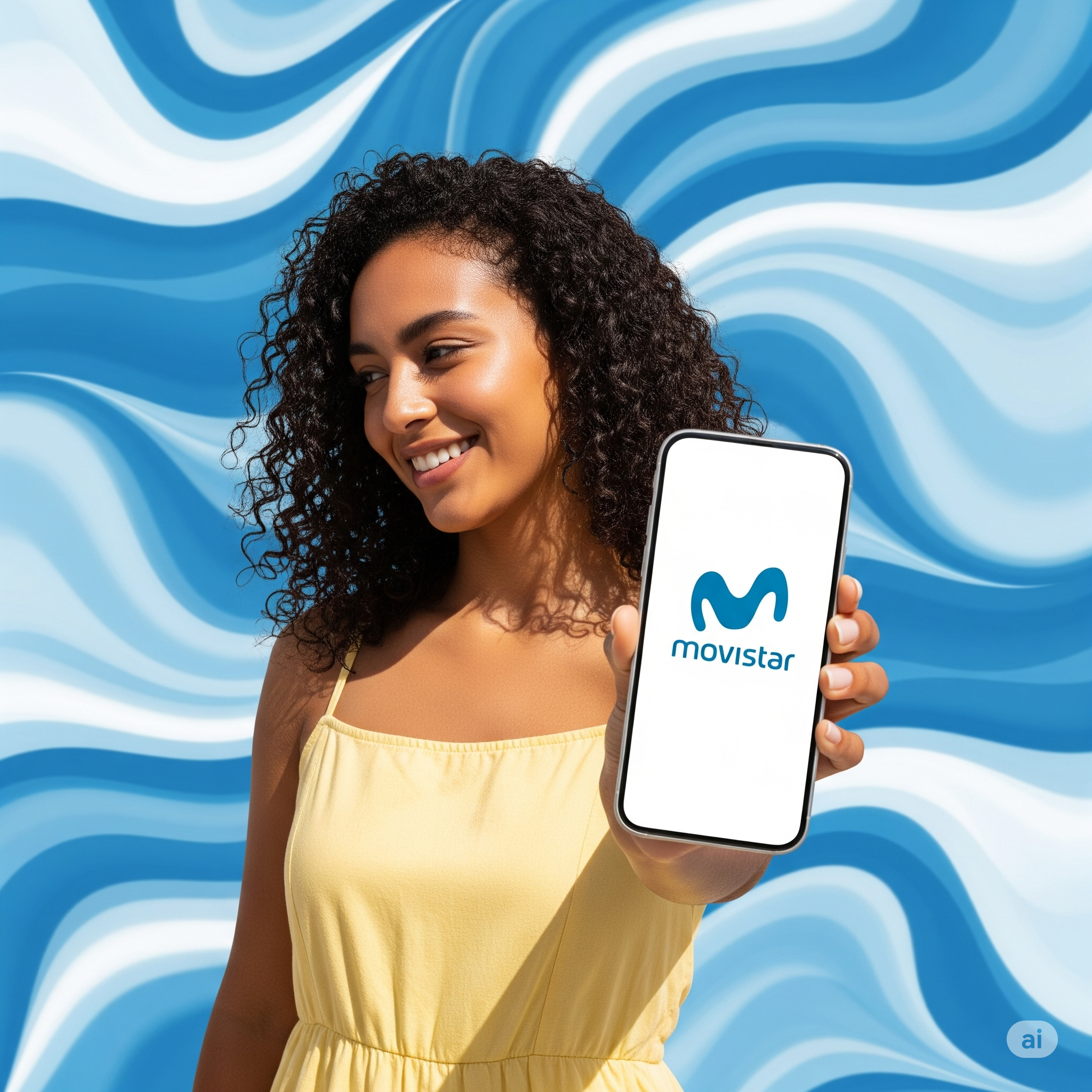 Mujer joven sosteniendo un celular con el logo de Movistar